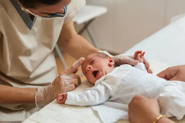 Niemowlę staje na głowie, gdy fizjoterapeuta delikatnie dotyka jego czoła. Maluch z otwartymi ustami wygląda na zaskoczonego.