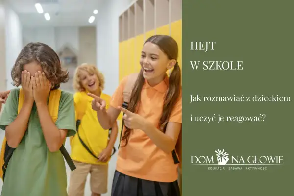 Dziecko 9 lat zakrywa twarz, podczas gdy inne dzieci śmieją się i wskazują palcami. Obrazek dotyczy hejtu w szkole.
